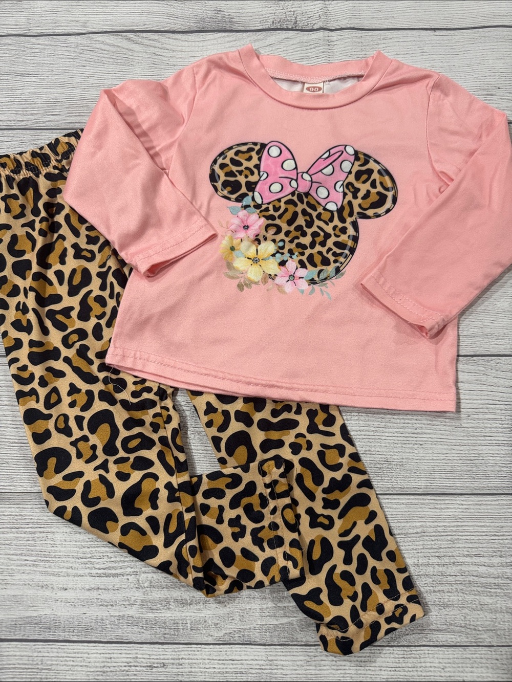 Toddler Girls Pink Minnie-Style Longsleeve Tee with Matching Leopard Print Pant
